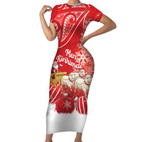 New Zealand Christmas In July Personalised Family Matching Short Sleeve Bodycon Dress and Hawaiian Shirt Funny Santa Sheep Meri Kirihimete Red