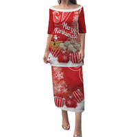 New Zealand Christmas In July Personalised Puletasi Funny Santa Sheep Meri Kirihimete Red LT14 Long Dress Red - Polynesian Pride