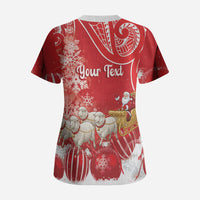 New Zealand Christmas In July Personalised Scrub Top Funny Santa Sheep Meri Kirihimete Red