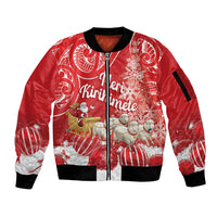 New Zealand Christmas In July Personalised Sleeve Zip Bomber Jacket Funny Santa Sheep Meri Kirihimete Red