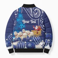 New Zealand Christmas In July Personalised Bomber Puffer Jacket Funny Santa Sheep Meri Kirihimete Blue