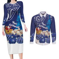 New Zealand Christmas In July Personalised Couples Matching Long Sleeve Bodycon Dress and Long Sleeve Button Shirt Funny Santa Sheep Meri Kirihimete Blue