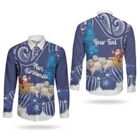 New Zealand Christmas In July Personalised Couples Matching Puletasi and Long Sleeve Button Shirt Funny Santa Sheep Meri Kirihimete Blue LT14 - Polynesian Pride