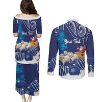 New Zealand Christmas In July Personalised Couples Matching Puletasi and Long Sleeve Button Shirt Funny Santa Sheep Meri Kirihimete Blue