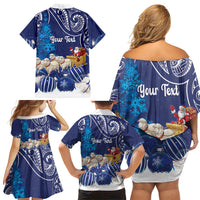 New Zealand Christmas In July Personalised Family Matching Off Shoulder Short Dress and Hawaiian Shirt Funny Santa Sheep Meri Kirihimete Blue