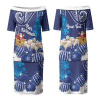 New Zealand Christmas In July Personalised Family Matching Puletasi and Hawaiian Shirt Funny Santa Sheep Meri Kirihimete Blue LT14 Mom's Dress Blue - Polynesian Pride