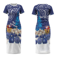 New Zealand Christmas In July Personalised Family Matching Short Sleeve Bodycon Dress and Hawaiian Shirt Funny Santa Sheep Meri Kirihimete Blue LT14 Mom's Dress Blue - Polynesian Pride