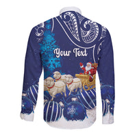 New Zealand Christmas In July Personalised Long Sleeve Button Shirt Funny Santa Sheep Meri Kirihimete Blue