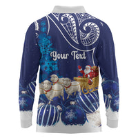 New Zealand Christmas In July Personalised Long Sleeve Polo Shirt Funny Santa Sheep Meri Kirihimete Blue