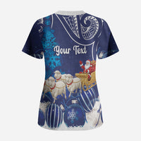 New Zealand Christmas In July Personalised Scrub Top Funny Santa Sheep Meri Kirihimete Blue