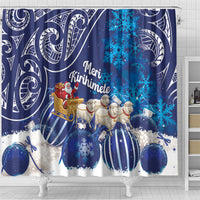 New Zealand Christmas In July Shower Curtain Funny Santa Sheep Meri Kirihimete Blue