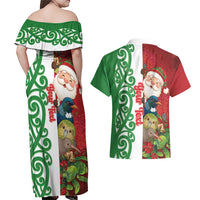 Meri Kirihimete New Zealand Personalised Couples Matching Off Shoulder Maxi Dress and Hawaiian Shirt Cute Santa NZ Animals and Pohutukawa
