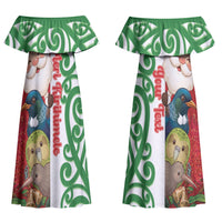 Meri Kirihimete New Zealand Personalised Couples Matching Off Shoulder Maxi Dress and Hawaiian Shirt Cute Santa NZ Animals and Pohutukawa LT14 - Polynesian Pride