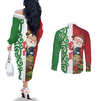 Meri Kirihimete New Zealand Personalised Couples Matching Off The Shoulder Long Sleeve Dress and Long Sleeve Button Shirt Cute Santa NZ Animals and Pohutukawa