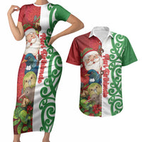 Meri Kirihimete New Zealand Personalised Couples Matching Short Sleeve Bodycon Dress and Hawaiian Shirt Cute Santa NZ Animals and Pohutukawa LT14 Red - Polynesian Pride