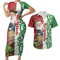 Meri Kirihimete New Zealand Personalised Couples Matching Short Sleeve Bodycon Dress and Hawaiian Shirt Cute Santa NZ Animals and Pohutukawa LT14 Red - Polynesian Pride