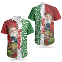 Meri Kirihimete New Zealand Personalised Couples Matching Short Sleeve Bodycon Dress and Hawaiian Shirt Cute Santa NZ Animals and Pohutukawa LT14 - Polynesian Pride