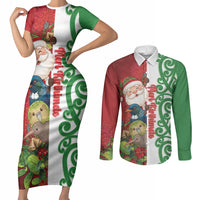 Meri Kirihimete New Zealand Personalised Couples Matching Short Sleeve Bodycon Dress and Long Sleeve Button Shirt Cute Santa NZ Animals and Pohutukawa LT14 Red - Polynesian Pride