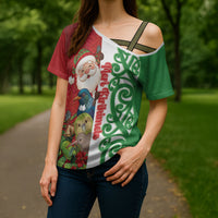 Meri Kirihimete New Zealand Personalised Cross Shoulder Shirt Cute Santa NZ Animals and Pohutukawa