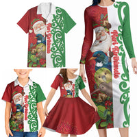 Meri Kirihimete New Zealand Personalised Family Matching Long Sleeve Bodycon Dress and Hawaiian Shirt Cute Santa NZ Animals and Pohutukawa LT14 - Polynesian Pride