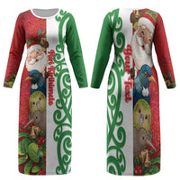 Meri Kirihimete New Zealand Personalised Family Matching Long Sleeve Bodycon Dress and Hawaiian Shirt Cute Santa NZ Animals and Pohutukawa LT14 Mom's Dress Red - Polynesian Pride