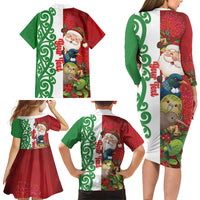 Meri Kirihimete New Zealand Personalised Family Matching Long Sleeve Bodycon Dress and Hawaiian Shirt Cute Santa NZ Animals and Pohutukawa