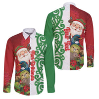 Meri Kirihimete New Zealand Personalised Family Matching Long Sleeve Bodycon Dress and Hawaiian Shirt Cute Santa NZ Animals and Pohutukawa LT14 Dad's Shirt - Long Sleeve Red - Polynesian Pride