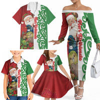 Meri Kirihimete New Zealand Personalised Family Matching Off The Shoulder Long Sleeve Dress and Hawaiian Shirt Cute Santa NZ Animals and Pohutukawa LT14 - Polynesian Pride