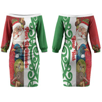 Meri Kirihimete New Zealand Personalised Family Matching Off The Shoulder Long Sleeve Dress and Hawaiian Shirt Cute Santa NZ Animals and Pohutukawa LT14 Mom's Dress Red - Polynesian Pride