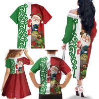 Meri Kirihimete New Zealand Personalised Family Matching Off The Shoulder Long Sleeve Dress and Hawaiian Shirt Cute Santa NZ Animals and Pohutukawa