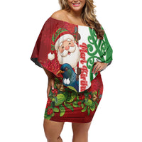 Meri Kirihimete New Zealand Personalised Family Matching Off Shoulder Short Dress and Hawaiian Shirt Cute Santa NZ Animals and Pohutukawa