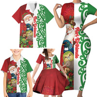 Meri Kirihimete New Zealand Personalised Family Matching Short Sleeve Bodycon Dress and Hawaiian Shirt Cute Santa NZ Animals and Pohutukawa