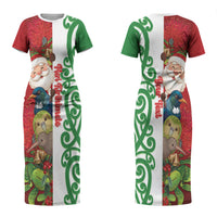 Meri Kirihimete New Zealand Personalised Family Matching Short Sleeve Bodycon Dress and Hawaiian Shirt Cute Santa NZ Animals and Pohutukawa LT14 Mom's Dress Red - Polynesian Pride