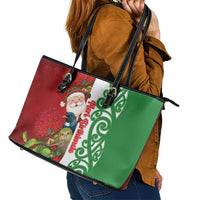 Meri Kirihimete New Zealand Leather Tote Bag Cute Santa NZ Animals and Pohutukawa