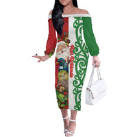 Meri Kirihimete New Zealand Personalised Off The Shoulder Long Sleeve Dress Cute Santa NZ Animals and Pohutukawa