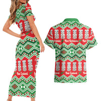 New Zealand Christmas In July Couples Matching Short Sleeve Bodycon Dress and Hawaiian Shirt Meri Kirihimete Hei Tiki Taniko Motifs Seamless