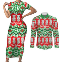 New Zealand Christmas In July Couples Matching Short Sleeve Bodycon Dress and Long Sleeve Button Shirt Meri Kirihimete Hei Tiki Taniko Motifs Seamless