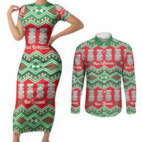 New Zealand Christmas In July Couples Matching Short Sleeve Bodycon Dress and Long Sleeve Button Shirt Meri Kirihimete Hei Tiki Taniko Motifs Seamless LT14 Red - Polynesian Pride