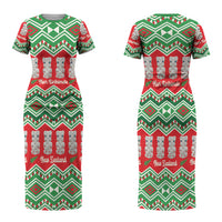 New Zealand Christmas In July Couples Matching Short Sleeve Bodycon Dress and Long Sleeve Button Shirt Meri Kirihimete Hei Tiki Taniko Motifs Seamless LT14 - Polynesian Pride