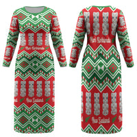 New Zealand Christmas In July Family Matching Long Sleeve Bodycon Dress and Hawaiian Shirt Meri Kirihimete Hei Tiki Taniko Motifs Seamless LT14 Mom's Dress Red - Polynesian Pride