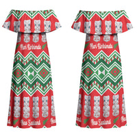 New Zealand Christmas In July Family Matching Off Shoulder Maxi Dress and Hawaiian Shirt Meri Kirihimete Hei Tiki Taniko Motifs Seamless LT14 Mom's Dress Red - Polynesian Pride
