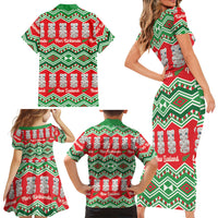 New Zealand Christmas In July Family Matching Short Sleeve Bodycon Dress and Hawaiian Shirt Meri Kirihimete Hei Tiki Taniko Motifs Seamless