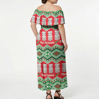 New Zealand Christmas In July Off Shoulder Maxi Dress Meri Kirihimete Hei Tiki Taniko Motifs Seamless LT14 - Polynesian Pride