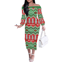 New Zealand Christmas In July Off The Shoulder Long Sleeve Dress Meri Kirihimete Hei Tiki Taniko Motifs Seamless