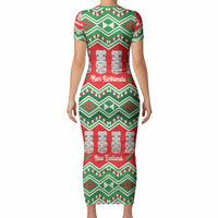 New Zealand Christmas In July Short Sleeve Bodycon Dress Meri Kirihimete Hei Tiki Taniko Motifs Seamless LT14 - Polynesian Pride