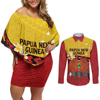 Papua New Guinea Independence Day Couples Matching Off Shoulder Short Dress and Long Sleeve Button Shirt Since 1975 Unity In Diversity LT14 Red - Polynesian Pride