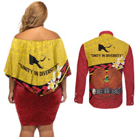 Papua New Guinea Independence Day Couples Matching Off Shoulder Short Dress and Long Sleeve Button Shirt Since 1975 Unity In Diversity LT14 - Polynesian Pride