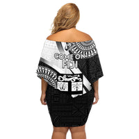 Fiji Rugby Off Shoulder Short Dress World Cup 2023 Go Champions Fijian Tapa Black Version LT14 - Polynesian Pride