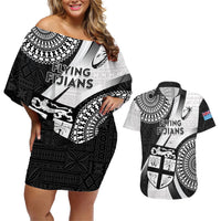 Custom Fiji Rugby Couples Matching Off Shoulder Short Dress and Hawaiian Shirt World Cup 2023 Go Champions Fijian Tapa Black Version LT14 Black - Polynesian Pride
