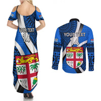 Custom Fiji Rugby Couples Matching Summer Maxi Dress and Long Sleeve Button Shirts World Cup 2023 Go Champions Fijian Tapa Blue Version LT14 - Polynesian Pride